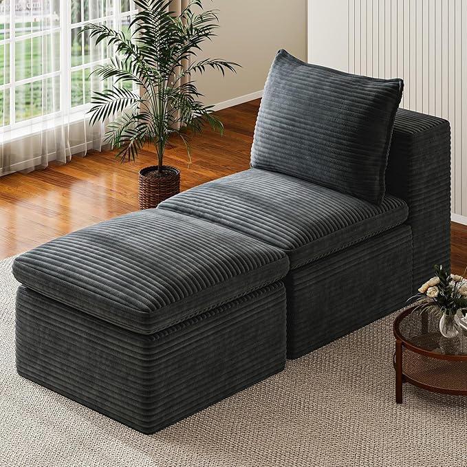 Buytime 65.6" Chaise Lounge Chair Indoor, Boneless Upholstered Sofa Bed, Corduroy Comfy Sleeper Chair for Living Room and Bedroom, Pebble Grey