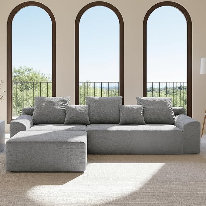 SEENYOO 111.2" Boneless Couch,Cloud Sectional Sofa with L-Shape Chaise,No Assembly,High-Density Memory Foam,Chenille Comfy Sofa for Living Room, Bedroon and Apartment (Grey)