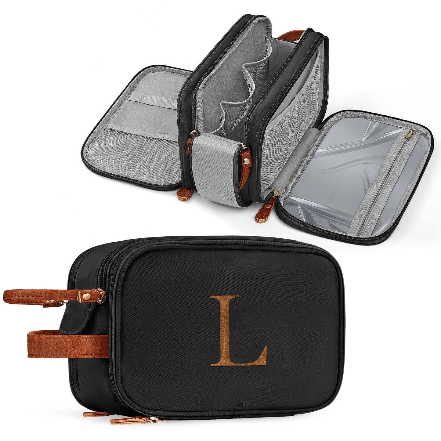 YOOLIFE Initial Toiletry Bag - Black Toiletry Bag Makeup Bags Travel, Gifts for Boyfriend Husband Father, Personalized Initial Dopp Kit Travel Toiletries, Personalized Birthday Gifts Letter L Black