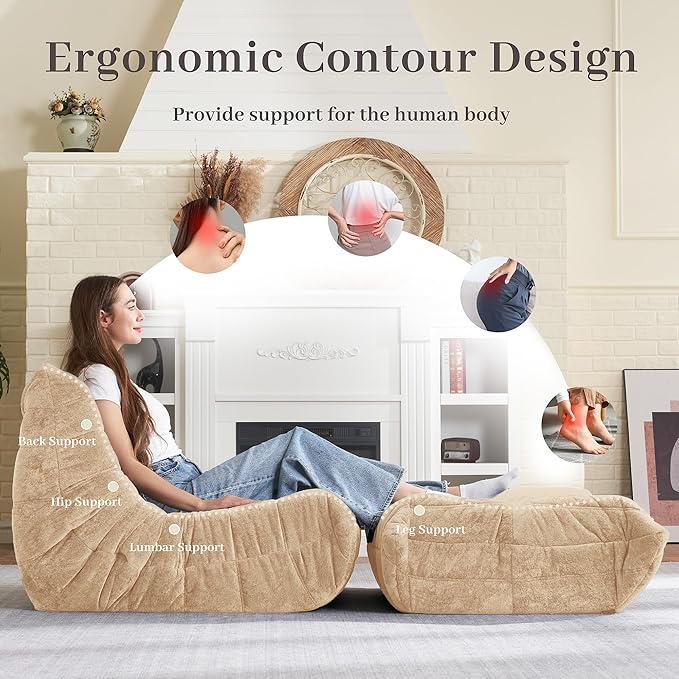 HABUTWAY Bean Bag Ottoman,Foot Rest,Fireside Chair Memory Foam Lazy Bean Bag Sofa for Living Room,Bedroom,Dorm,Office (Ottoman-Khaki)