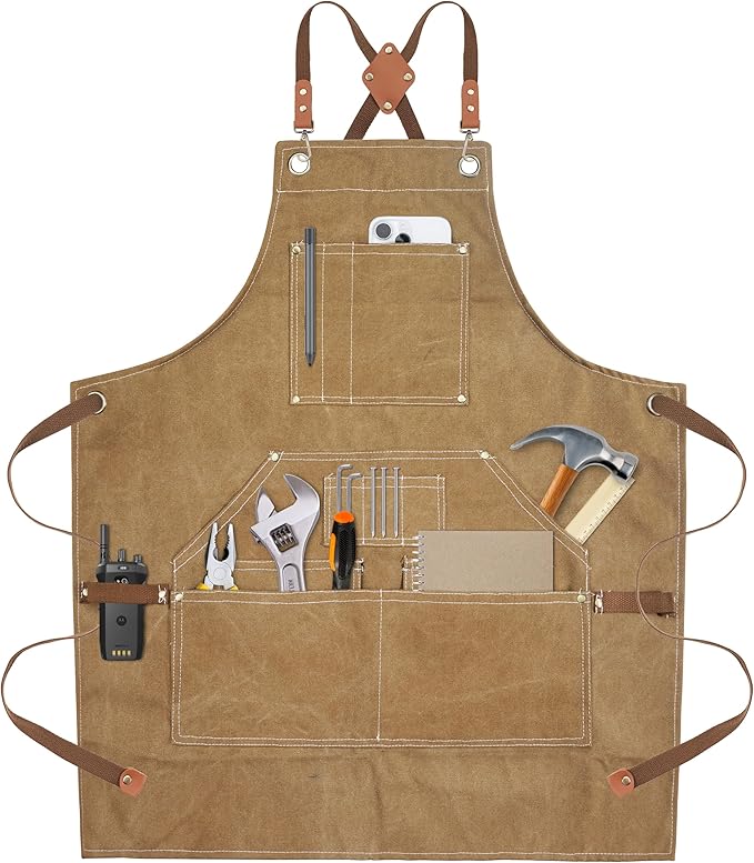 Yxiang Black Handmade Work Apron with 11 Tool Pockets, Heavy Duty Waxed Canvas Workshop Tool Aprons Woodworking Apron