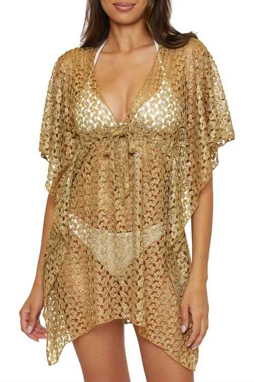 BECCA Women's Standard Lustre Crochet Tunic, Plunge V-Neck, Casual, Beach Cover Ups, Antique Gold, X-Small-Small