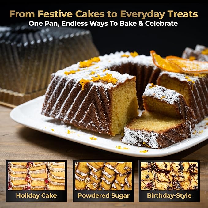 Square Fluted Tube Cake Pan, 10-Cup, Dual-Tone Gold & Black Shimmer Finish, Heavy Die-Cast Aluminum Nonstick Bakeware, 8.5-Inch Decorative Cake Mold, Easy Reales, Gift-Ready Box
