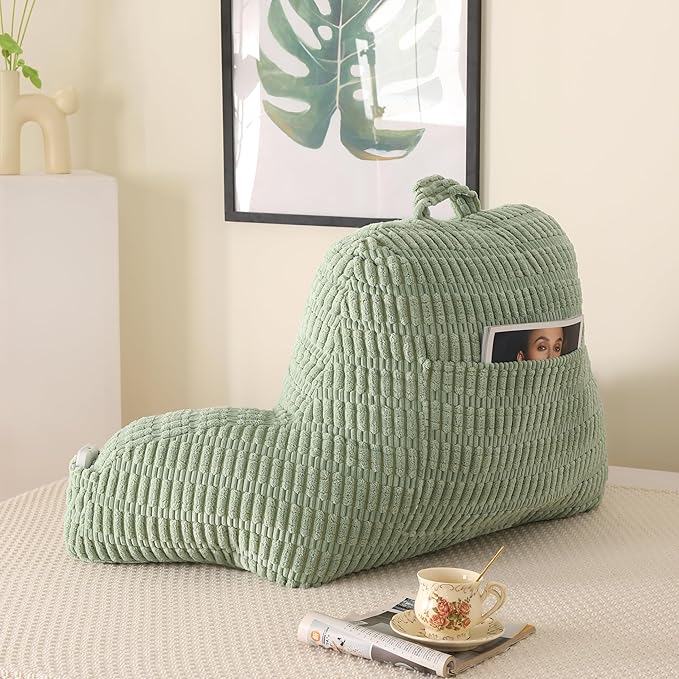 PAJEO Reading Pillow for Sitting in Bed, Large Backrest Reading Pillow with Arm Rest,Back-Rest Support Cushion for Sit Up on Couch, Sofa, and Floor, Dorm Essentials (Green Corduroy, Large(19"))