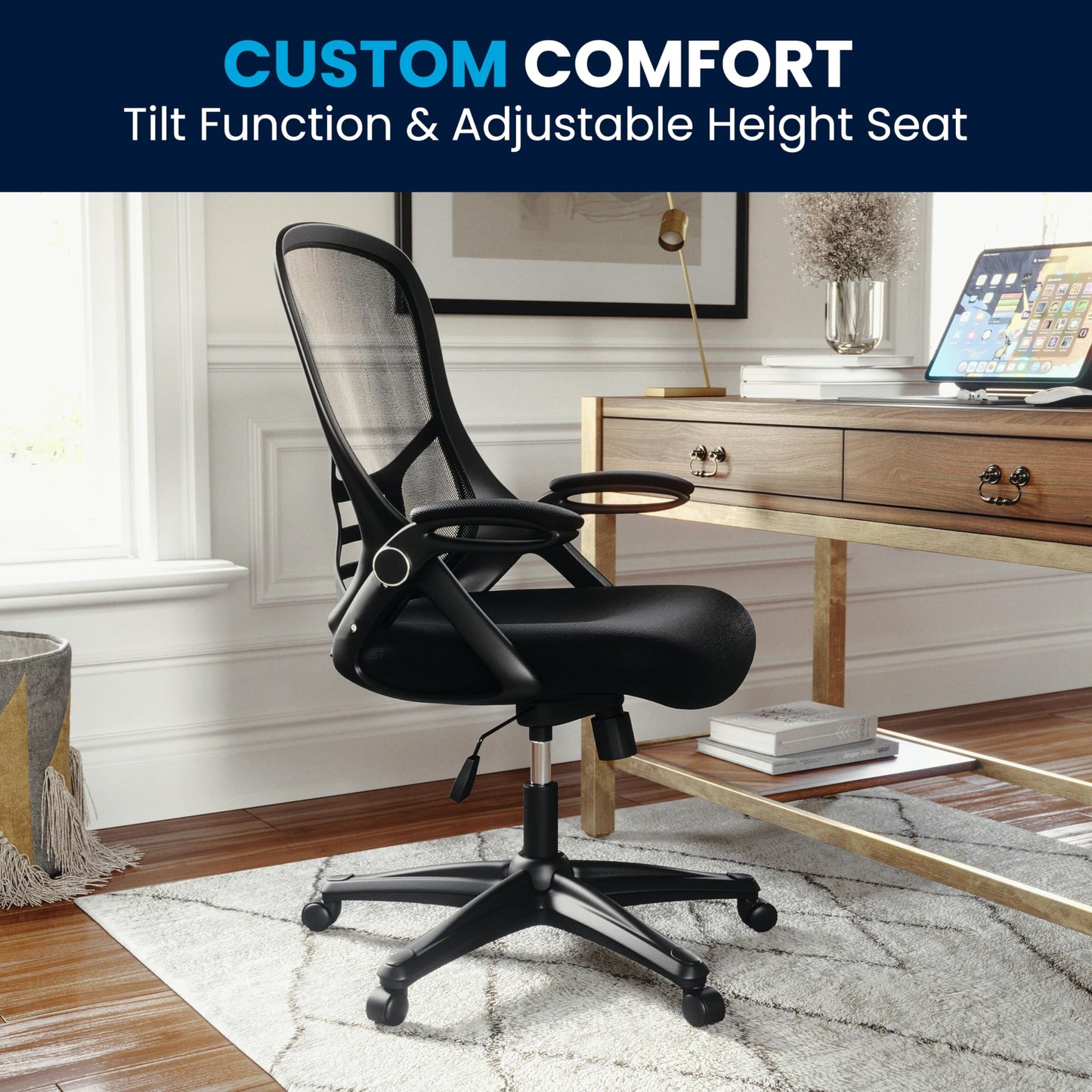 Flash Furniture Porter High Back Black Mesh Ergonomic Swivel Office Chair with Black Frame and Flip-up Arms