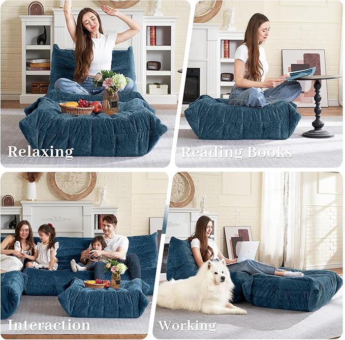 HABUTWAY Bean Bag Ottoman,Foot Rest,Fireside Chair Memory Foam Lazy Bean Bag Sofa for Living Room,Bedroom,Dorm,Office (Ottoman-Navy Blue)