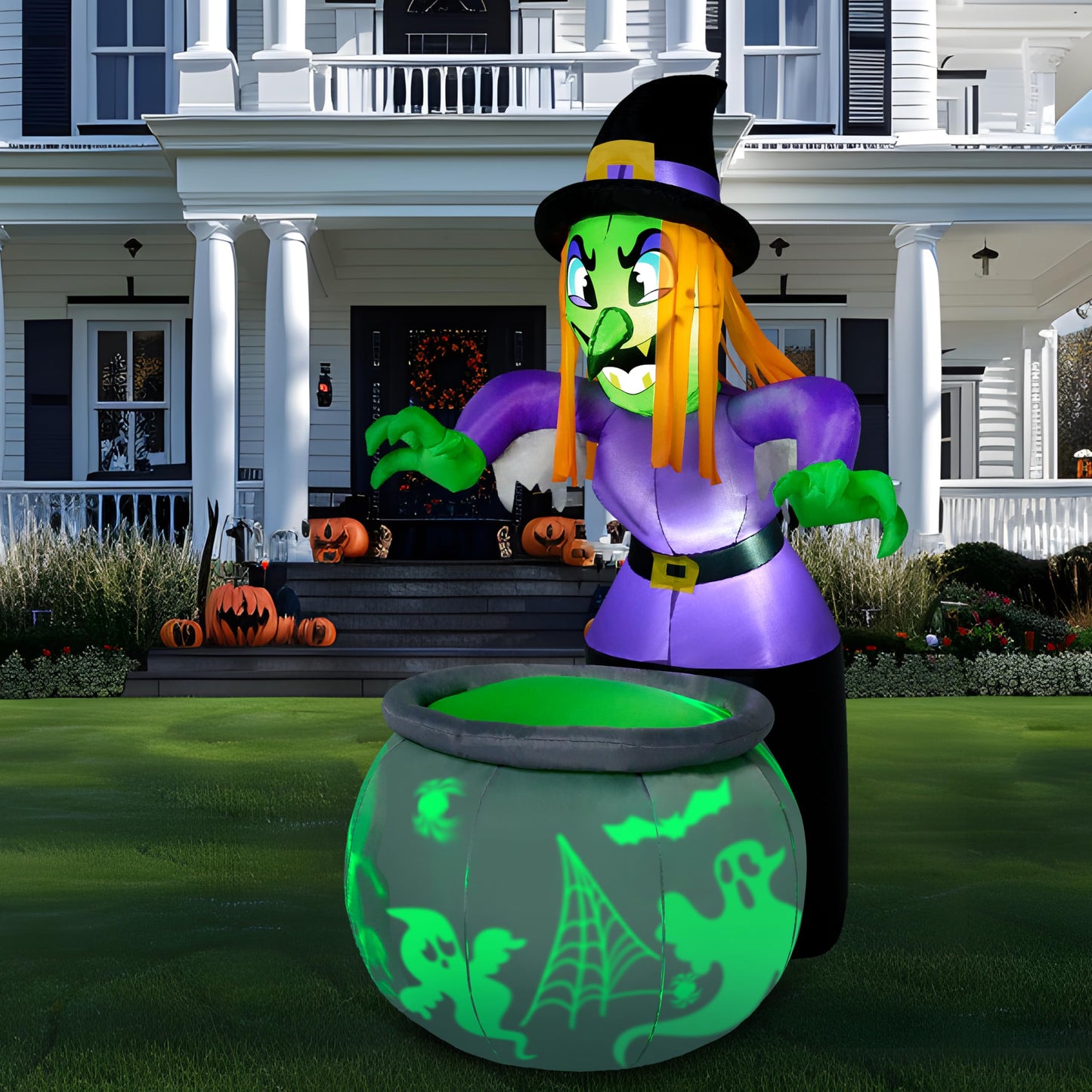 Joiedomi 6 Ft Halloween Inflatable Witch and Cauldron Decoration with Projecting Rotating Green Ghost Light, Inflatable Yard Decor Blow Up with Build-in LEDs for Halloween Party Indoor, Outdoor Decor