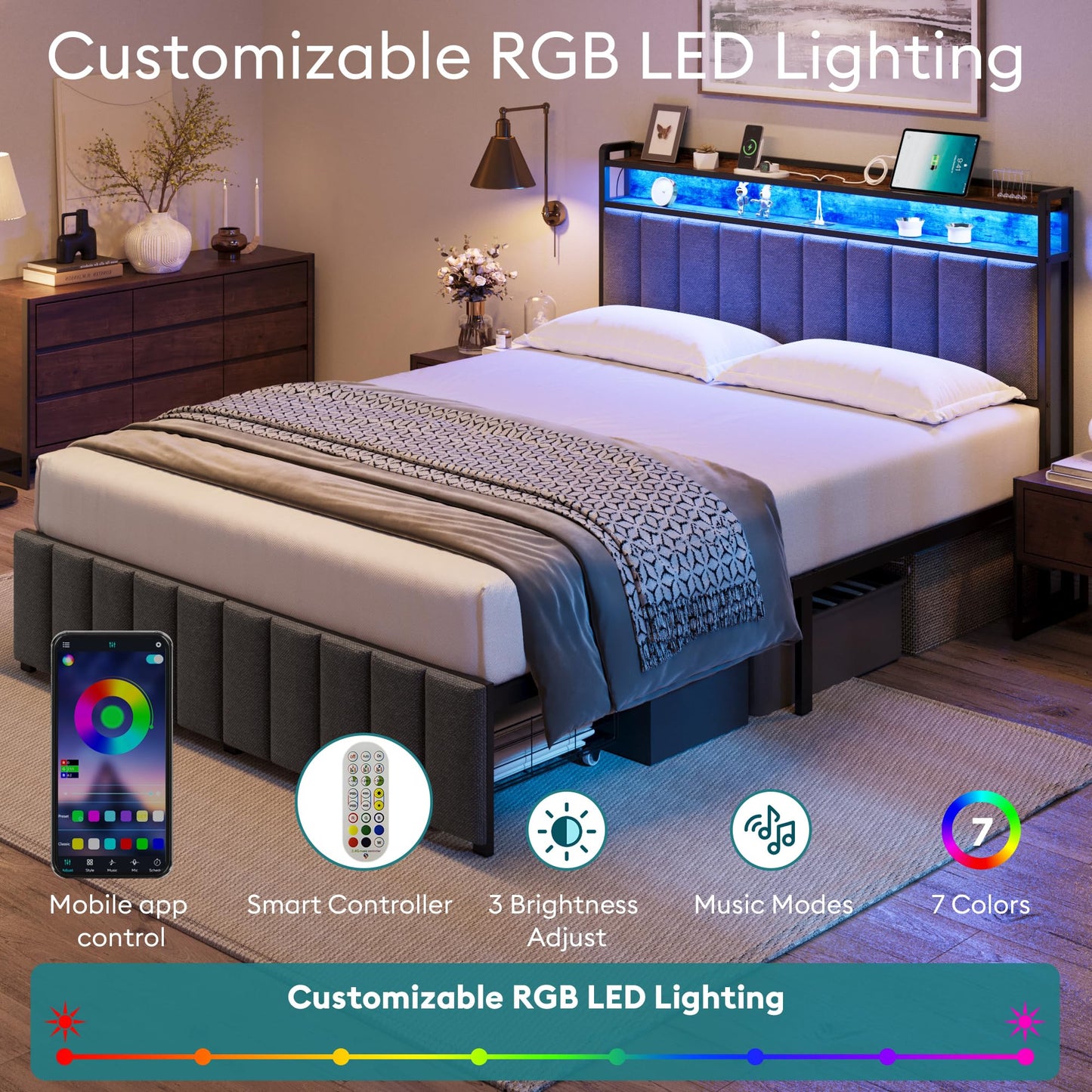 Queen Bed Frame with Storage, Upholstered Bed Frame with LED Lights Headboard and 2 Drawers, Charging Station, Noise-Free, No Box Spring Needed, Easy Assembly, Grey