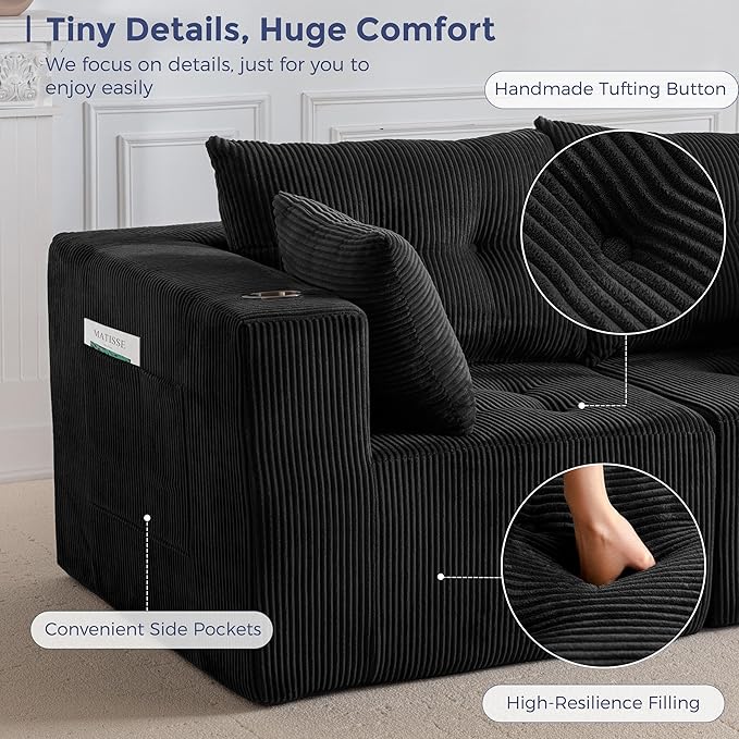 MAXYOYO Modular Sectional Sofa Couch, Loveseat Boneless Cloud Couch for Living Room, Sofa in A Box, Upholstered Cozy Chair with Tufted Craft, No Assembly Required, Black
