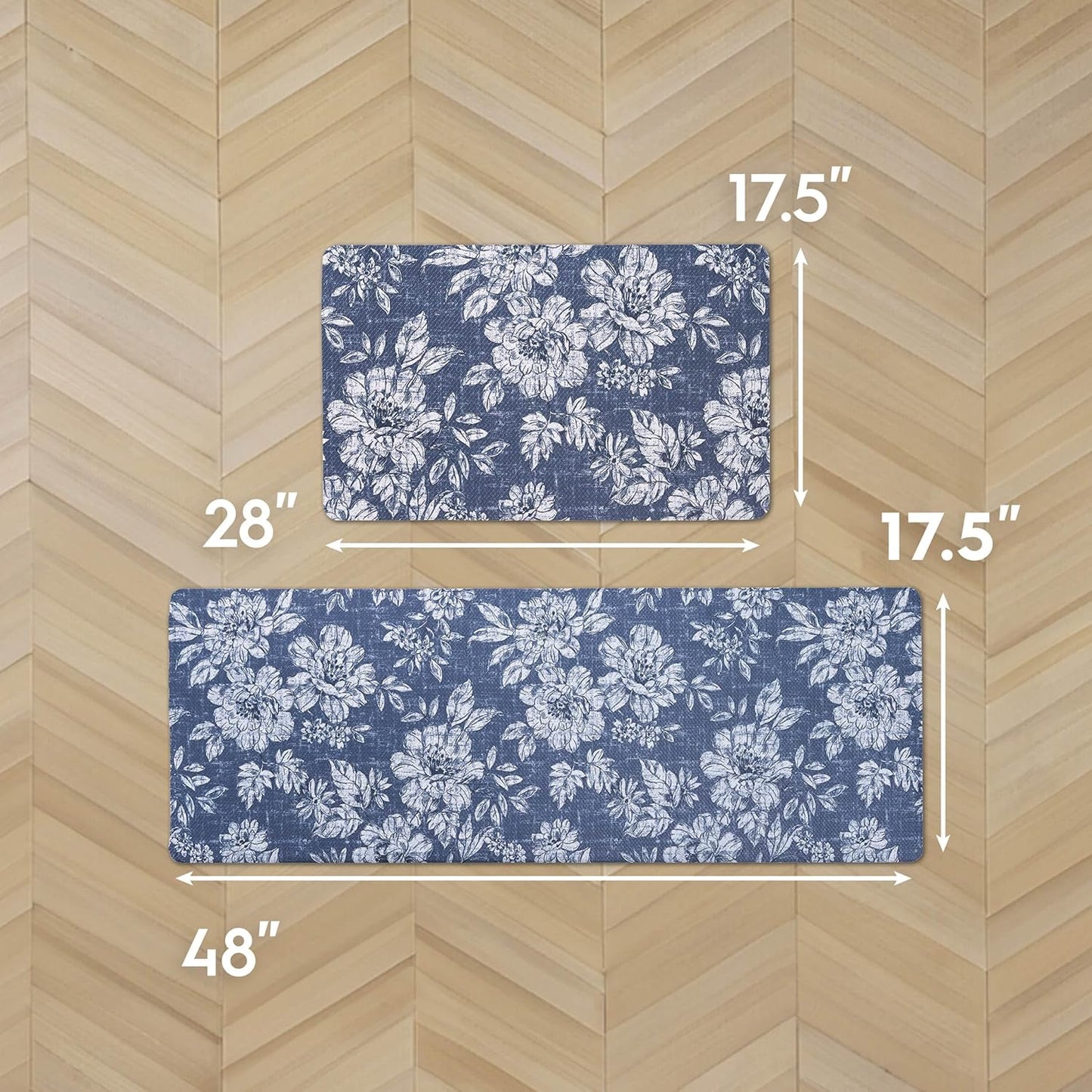 Laura Ashley - Anti-Fatigue Kitchen Mat, Iris Floral Design, Stain, Water & Fade Resistant, Cooking & Standing Relief, Non-Slip Backing, 2 Piece Set, Navy Iris