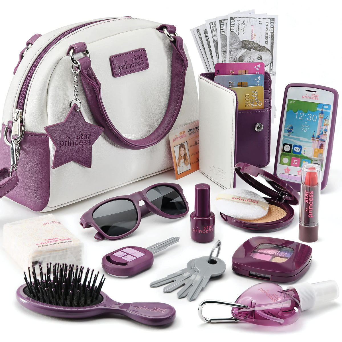 Little Girls Purse with Accessories and Pretend Makeup for Toddlers - My First Purse Set Includes Handbag, Phone, Wallet, Play Makeup and More Pretend Play Toys for Girl Age 3 +