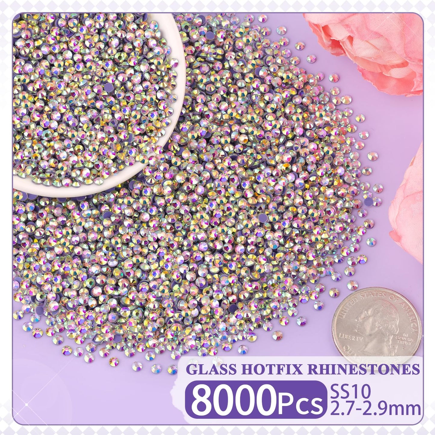 8000Pcs Hotfix Rhinestones for Clothing, Crystal AB SS10 Iron On Flatback Glass Gems, Bedazzler Crystals Rhinestones for Craftin