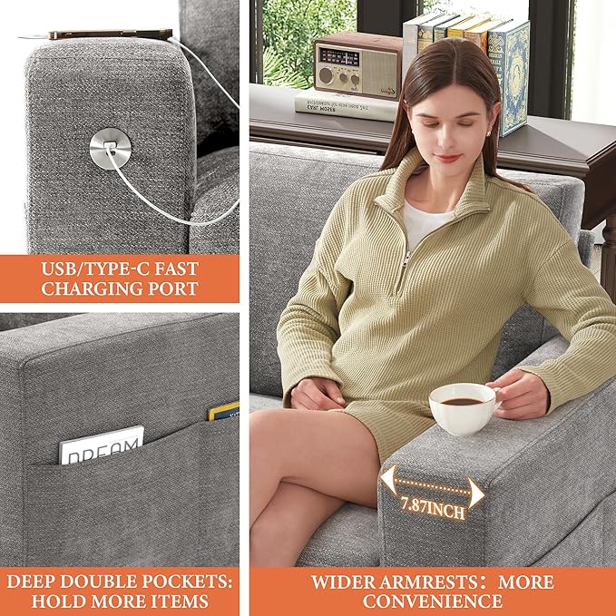 Ihanherry 89" Modern Sofa Cloud Couch, Chenille Deep Seat Sofa with Removable Cover for Living Room, Bedroom and Apartment, Grey