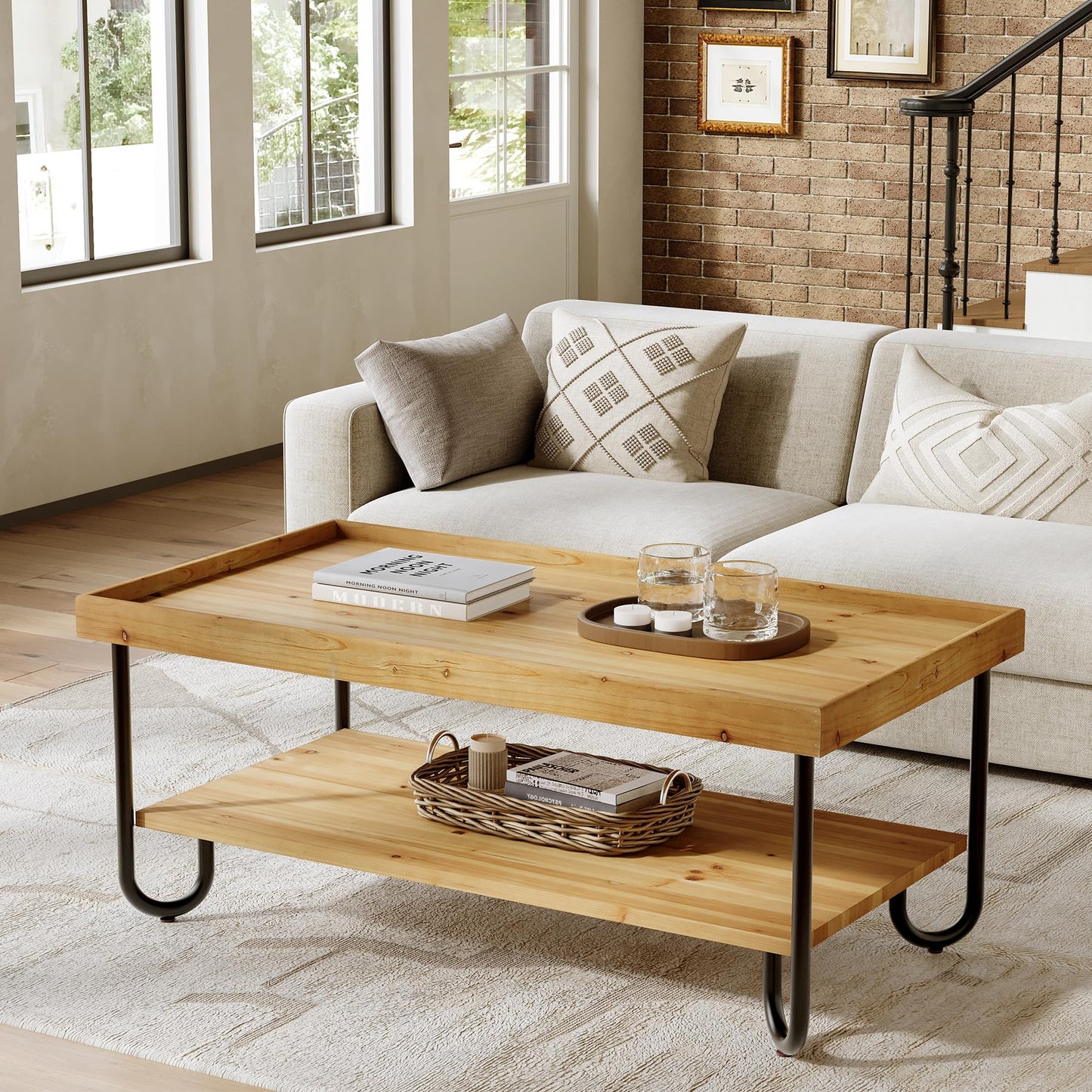 TRIBEWOOD 47.24-Inch Solid Wood Coffee Table, 2-Tier Rectangular Center Table with Curved Metal Legs, Industrial Cocktail Tea Table with Storage Shelf for Living Room, Apartment (Light Brown)
