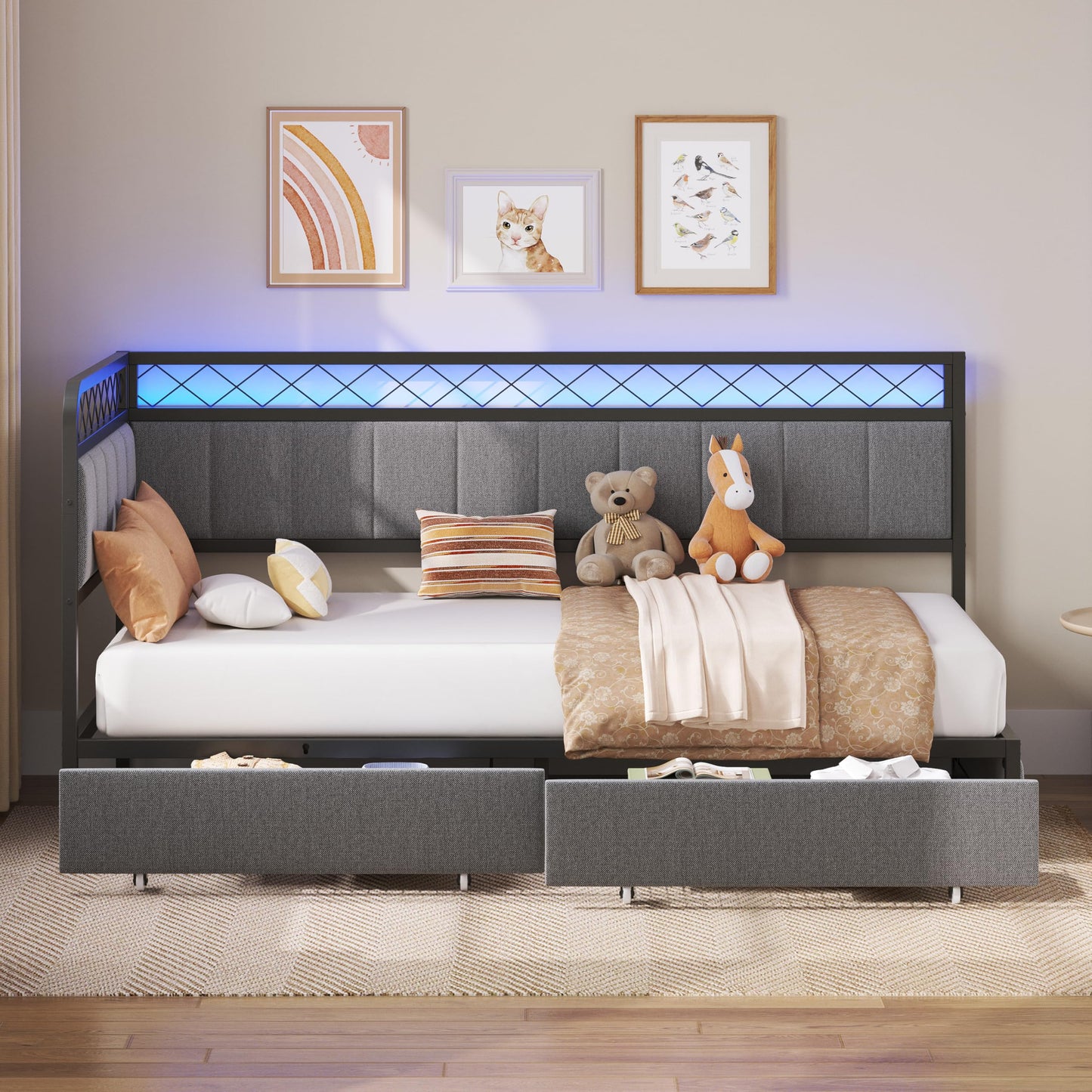 ANCTOR Twin Corner Bed Frame with 2 Storage Drawers, Daybed with LED Lights and Charging Station, Metal Platform Bed Frame for Living Room, Bedroom and Guest Room, Gray