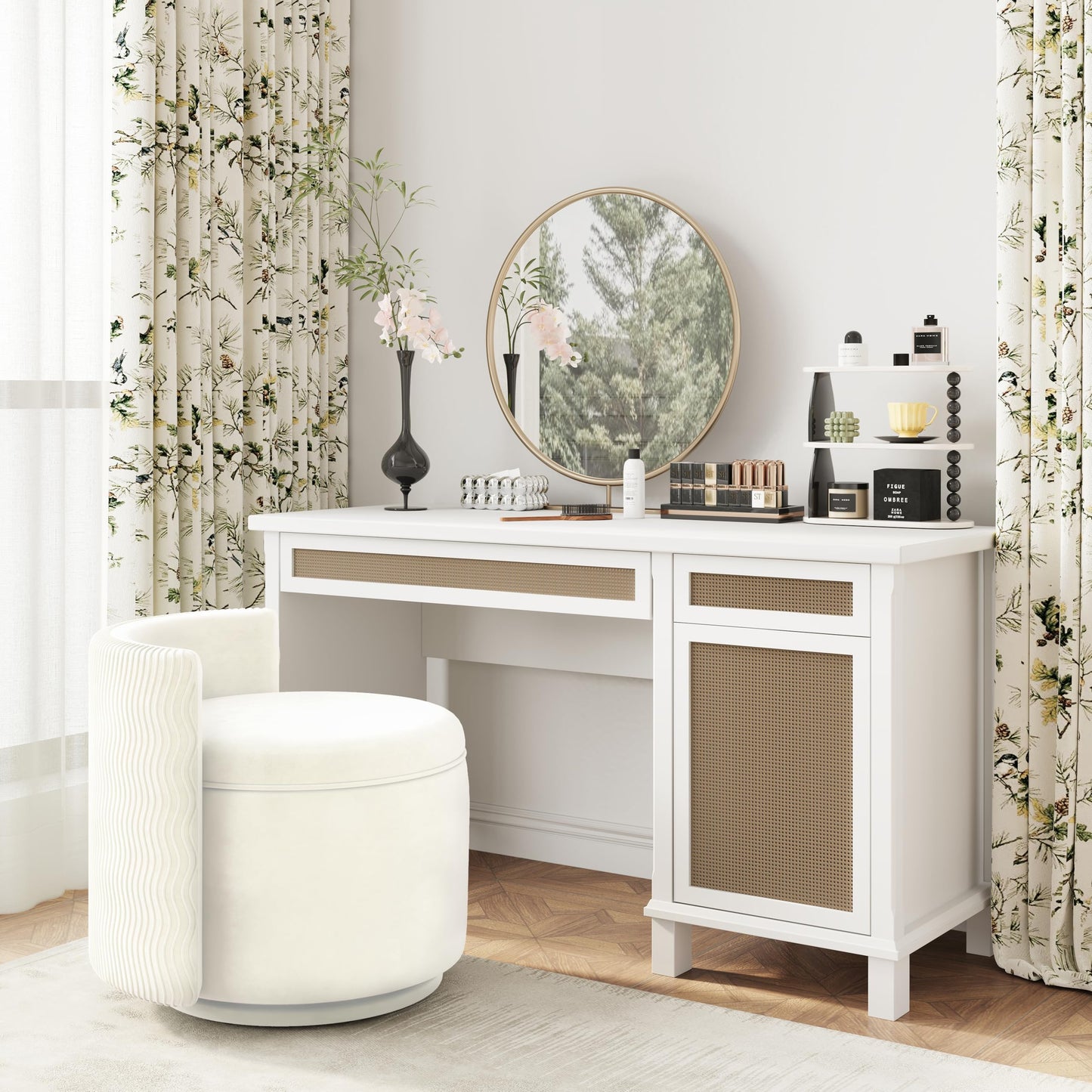 allamazing 360° Swivel Accent Chair with Storage, Vanity Stool with Back, Velvet Storage Ottoman, Upholstered Round Barrel Vanity Chair for Living Room, Makeup Room, Bedroom (Off White)