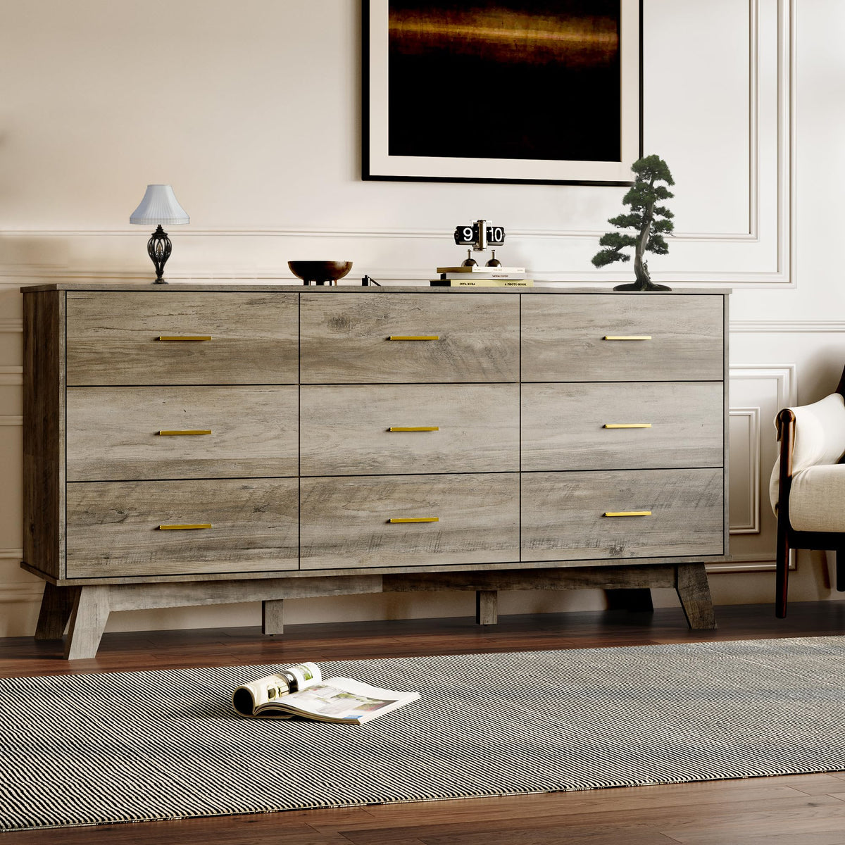 BORNOON Dresser for Bedroom with 9-Drawer, 59" Wide Modern Chest of Drawers with Metal Handles, X-Shape Base & Adjustable Center Leg, Anti-Tip Closet Organizers and Storage