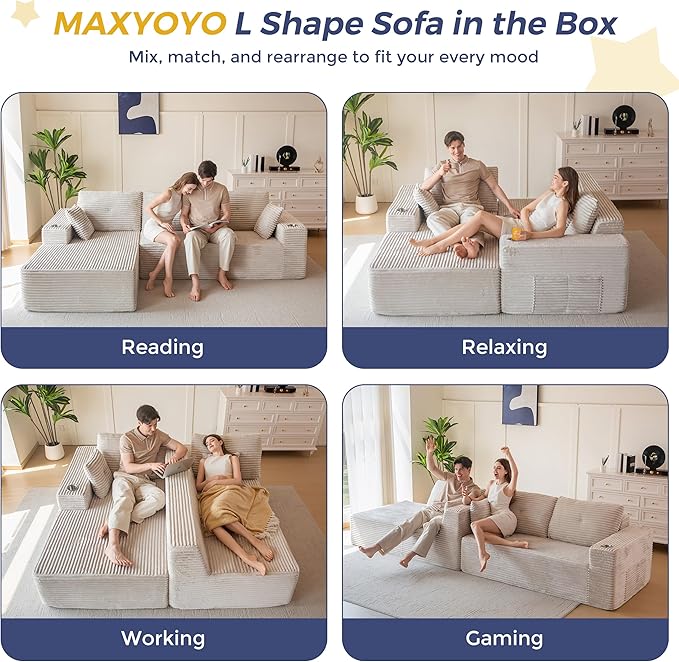 MAXYOYO 104" Modular Sectional Couch with L-Shape Chaise, Modern Boneless Couch for Living Room, Sofa in A Box, Oversized Sofa Sleeper with Deep Seat, No Assembly Required, Grayish Beige