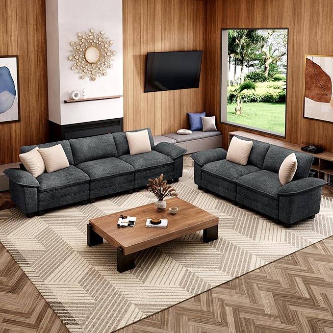 MIXPATIO L-Shaped Cloud Modular Sofa Set with Chaise Lounge, 5-Piece Sectional & Deep Seat, Plush Chenille w/Removable Arms for Living Room - Cyan