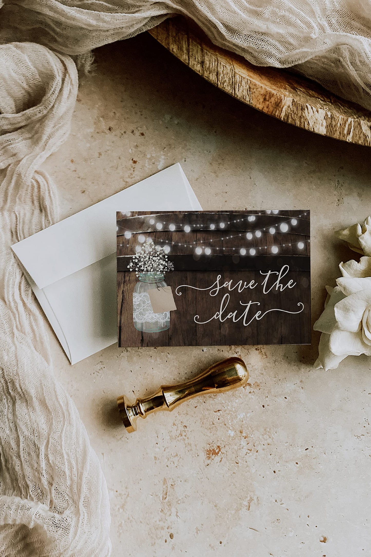 Your Main Event Prints 50 Rustic Mason Jar Save The Date Cards for Wedding, Engagement, Anniversary, Baby Shower, Birthday Party, Wood Save The Dates Postcard Invitations