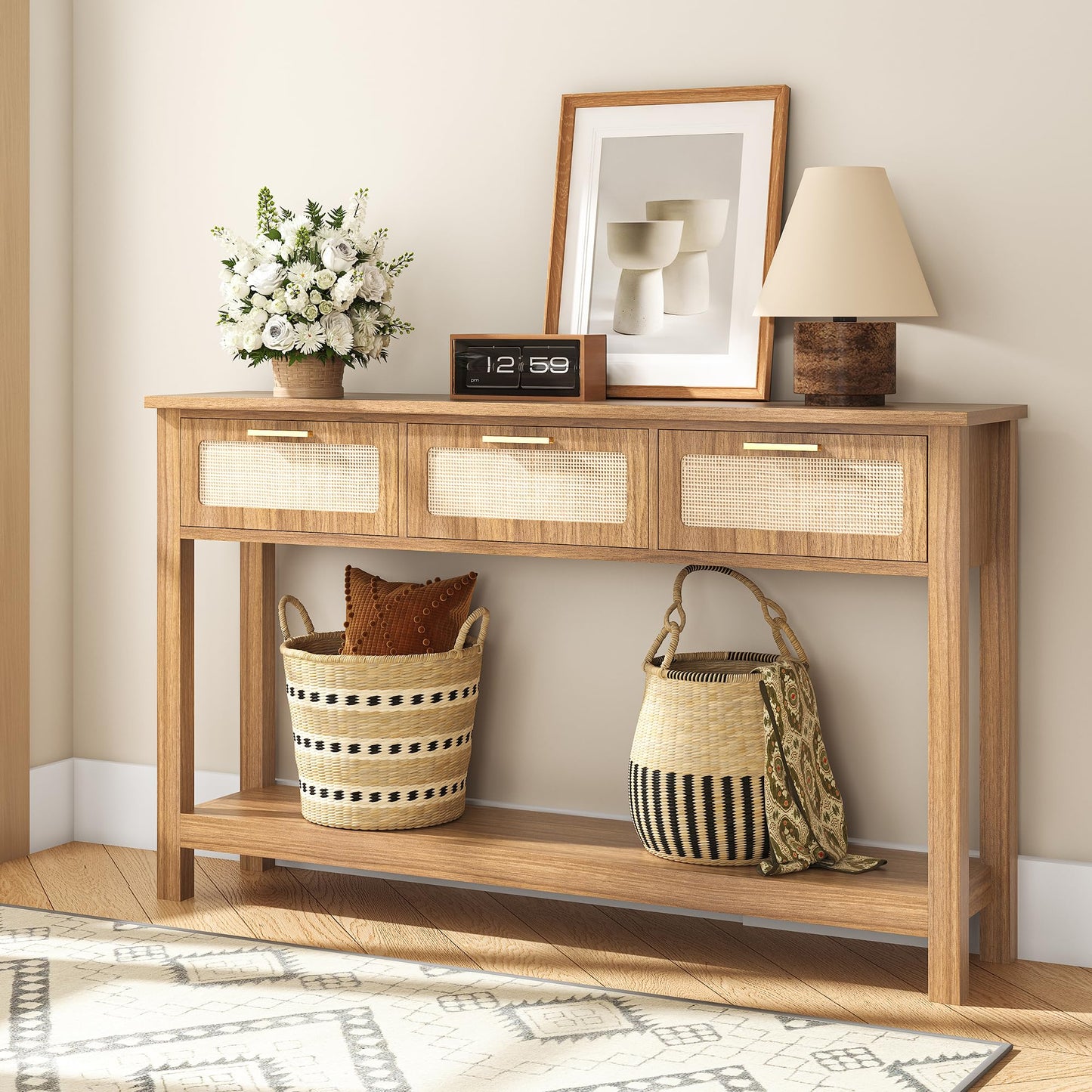 ELYKEN 51.2" Entryway Table with 3 Rattan Drawers, Boho Console Table Narrow with Storage, Long Sofa Table for Behind Couch Entry Hallway, Entrance, Living Room, Oak Brown
