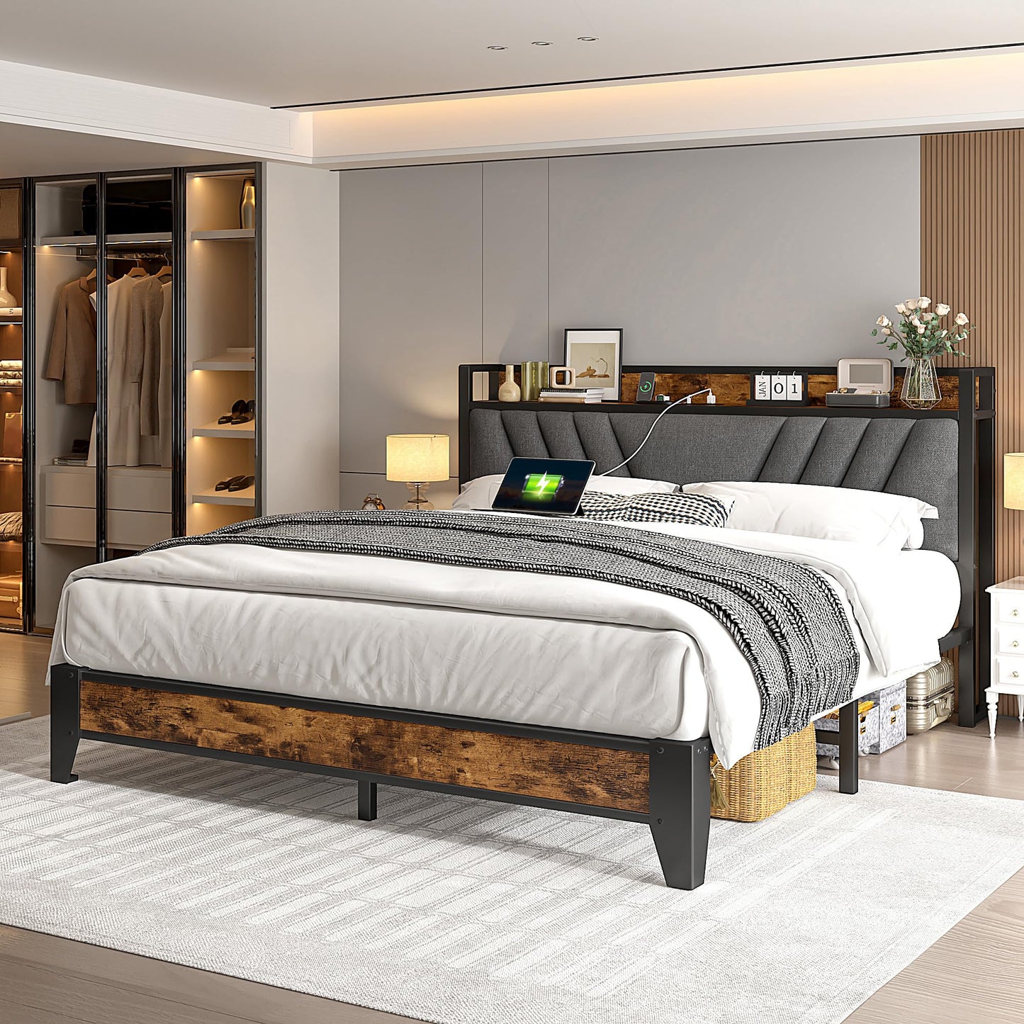 Homkdom Queen Bed Frame with Headboard, Bed Frame Queen Size with Charging Station, Metal Platform with Under Bed Storage, No Box Spring Needed, No Noise, Easy Assembly