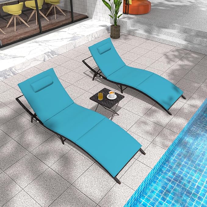 Trumbeak Patio Chaise Lounge Set 3 Pieces Pool Lounge Chairs,Cushioned Outdoor Folding Lounge Chair w/Rattan Adjustable Backrest for Poolside Porch,Folding Table Included,Turquoise Blue