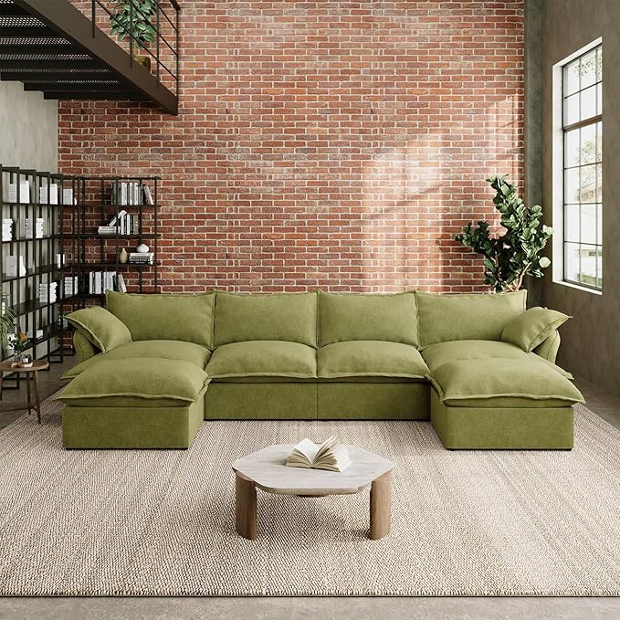 Intuition Decor Modular Convertible Cloud Sectional Sofa,144.5" Large Sofa Set for Living Room,6 Seat U-Shaped Modern Down Fill Sectional Sofa Fabric Modular Couch with Double Chaise,Green