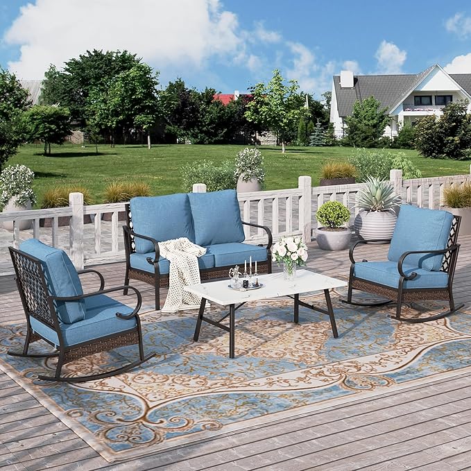 HERA'S HOUSE 4 Piece Metal Patio Furniture Set, 2 x Rocking Cushioned Chair, 2-Seat Lover Sofa with Coffee Table, All Weather Outdoor Conversation Set for Lawn Garden Backyard Deck, Navy Blue