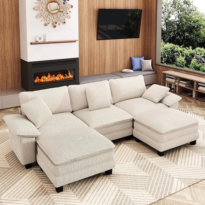MIXPATIO 123-Inch U Shaped Sectional Sofa with Cloud Cushions, Deep Seat Modular Couch Set w/ 5 Seats & 2 Ottomans, Removable Arms, Plush Corduroy Upholstery for Living Room, Apartment - Beige