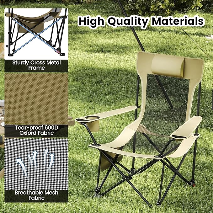 GYMAX Reclining Camping Chairs with Footrest, Lightweight Foldable Camping Chairs with Cup Holders, Adjustable Backrest, Headrest, Heavy Duty Camp Chair for Adult Outdoor Fishing Beach (Khaki,2)