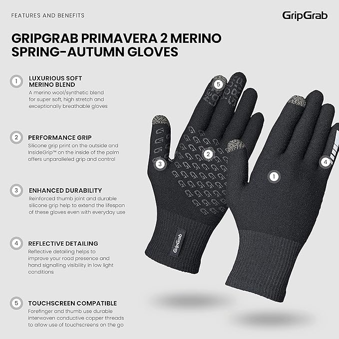 GripGrab Primavera 2 Merino Wool Spring Autumn Cycling Gloves Knitted Touchscreen Full Finger Anti Slip Bicycle Liners