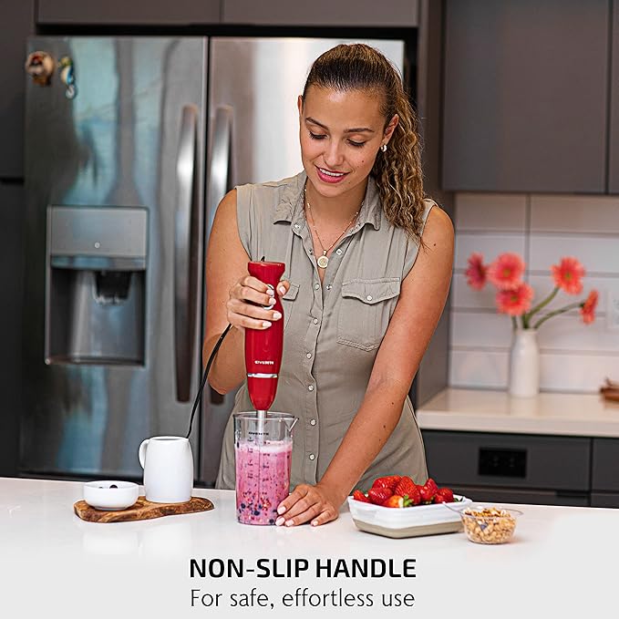 OVENTE Immersion Hand Blender Set, 300W Corded Electric Handheld Stick Mixer, 2 Mixing Speeds with Stainless Steel Blades, Egg Whisk, Beaker & BPA-Free Food Chopper, Red HS565R