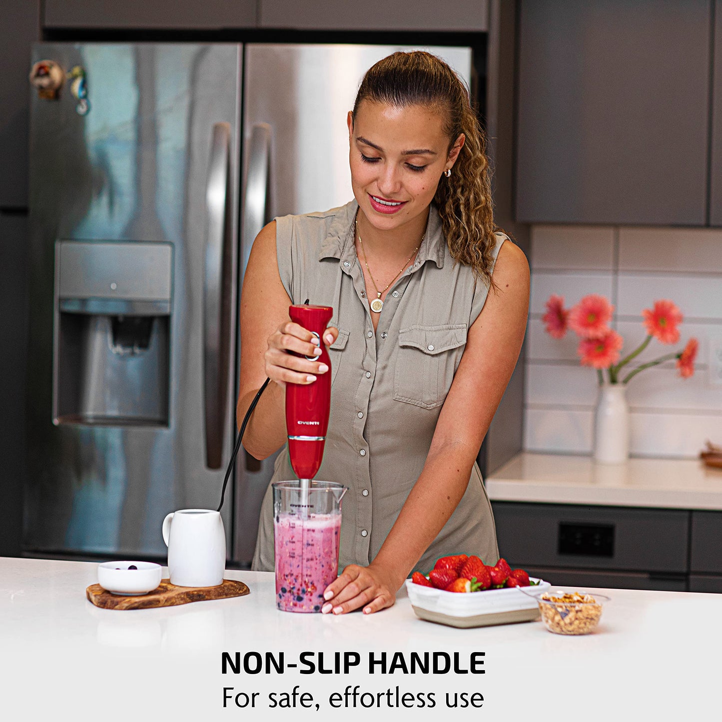 OVENTE Immersion Hand Blender, 300W Electric Handheld Portable Stick Mixer Set with 2 Mixing Speed, Stainless Steel Blades, Egg Whisk Attachment, Mixing Beaker and BPA-Free Food Chopper, Red HS565R