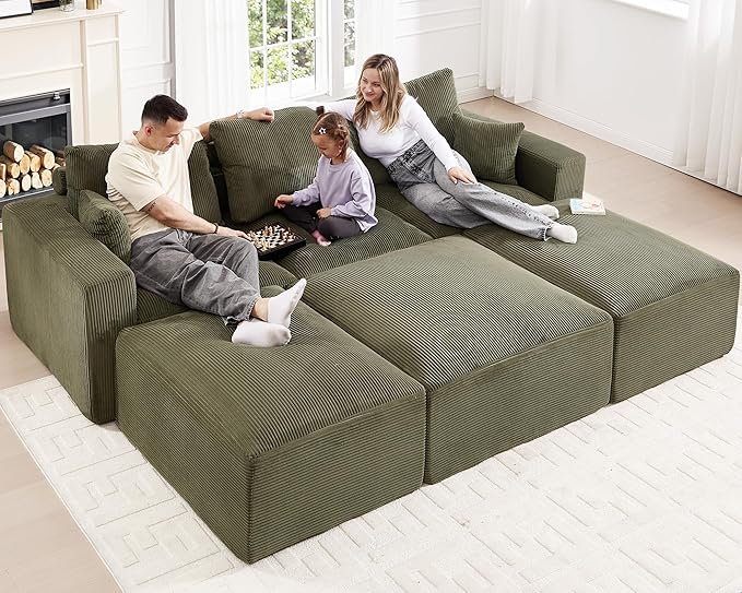 113" Modular Sectional Sofa, Compression Sofa with Deep Seat, Convertible Sofa Bed Couch with Ottoman, Upholstered Couches for Living Room Bedroom,No Assembly Required (Green Corduroy, 113" Sofa Bed)