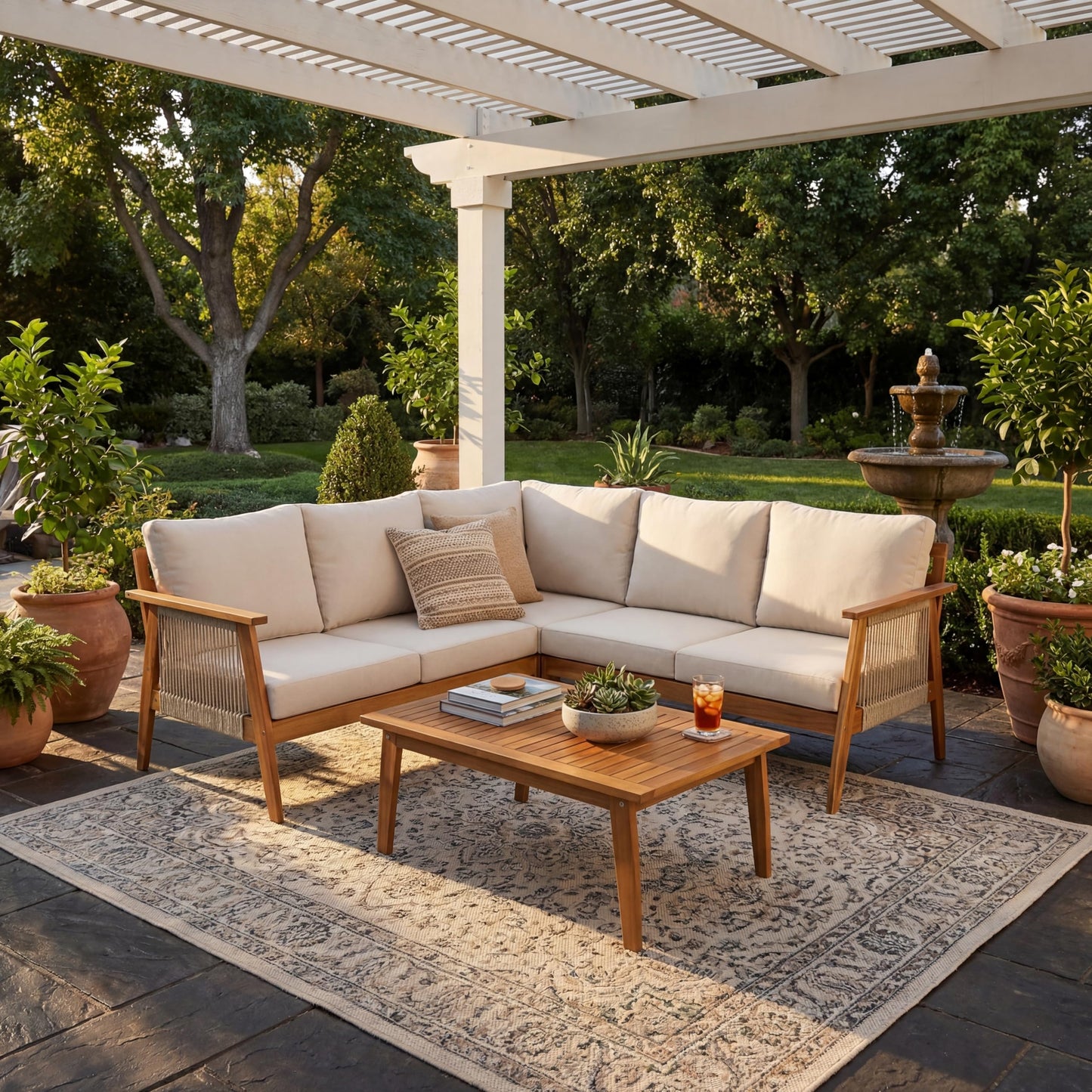 Christopher Knight Home Outdoor 4 Piece Patio Sectional Sofa Set with Acacia Wood Frame and Rope Weave Design, Cushioned Corner Seating Set with Coffee Table for Garden Patio Deck, Teak and Beige
