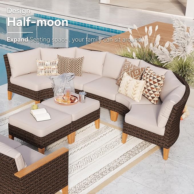 GREEN PARTY 9 Pieces Wicker Patio Furniture Set, All-Weather Outdoor Rattan Half-Moon Curved Patio Sectional Sofa Conversation Set 9 Seats for Garden, Backyard, 2 x Swivel Chairs
