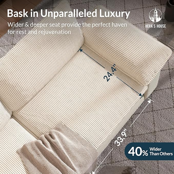 HERA'S HOUSE 124" Modular Sectional Sofa, Oversized L Shaped Couches for Living Room, Comfy Cloud Couch with Ottoman, 4-Seater Deep Seat Sofa with Throw Pillow, Corduroy and Chenille Beige