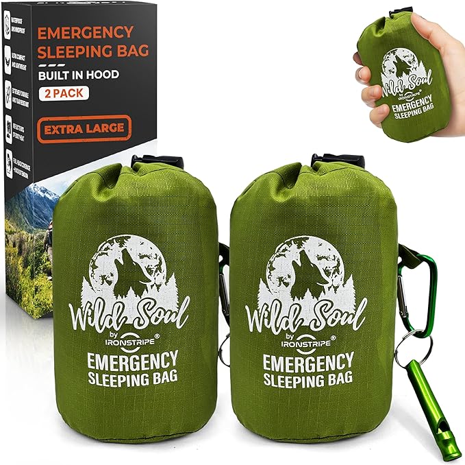 Ironstripe Bivy Sack XL Waterproof Survival Sleeping Bag with Emergency Whistle, Built-in Hood & Thermal Mylar - Tear & Pu...