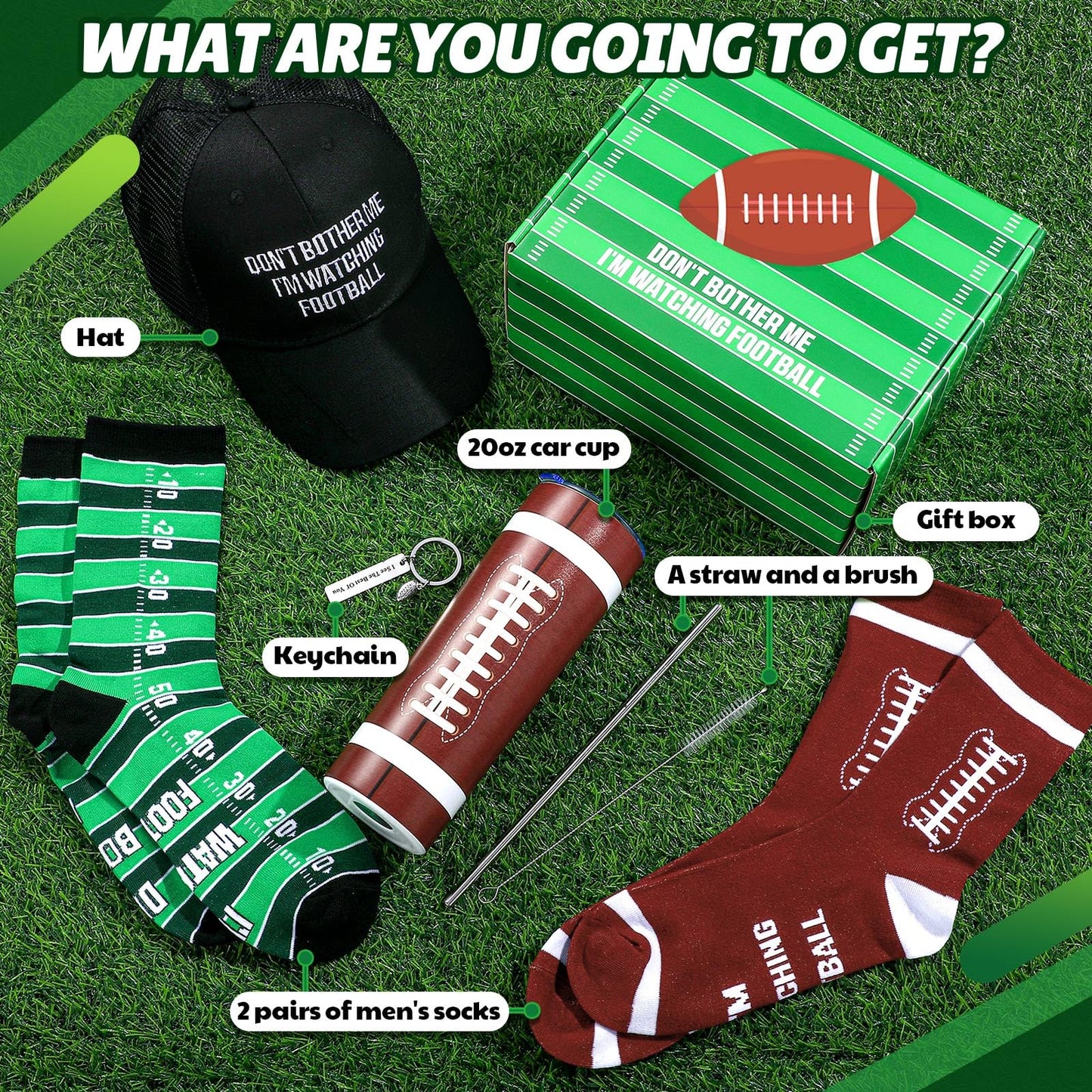 VioraWhite 6 Pcs Football Fan Gift Set Football Tumbler Gift Football Socks Football Cap Football Keychain Gift Box for Men Dad Boyfriend Husband Brother Friends Football Birthday Gift