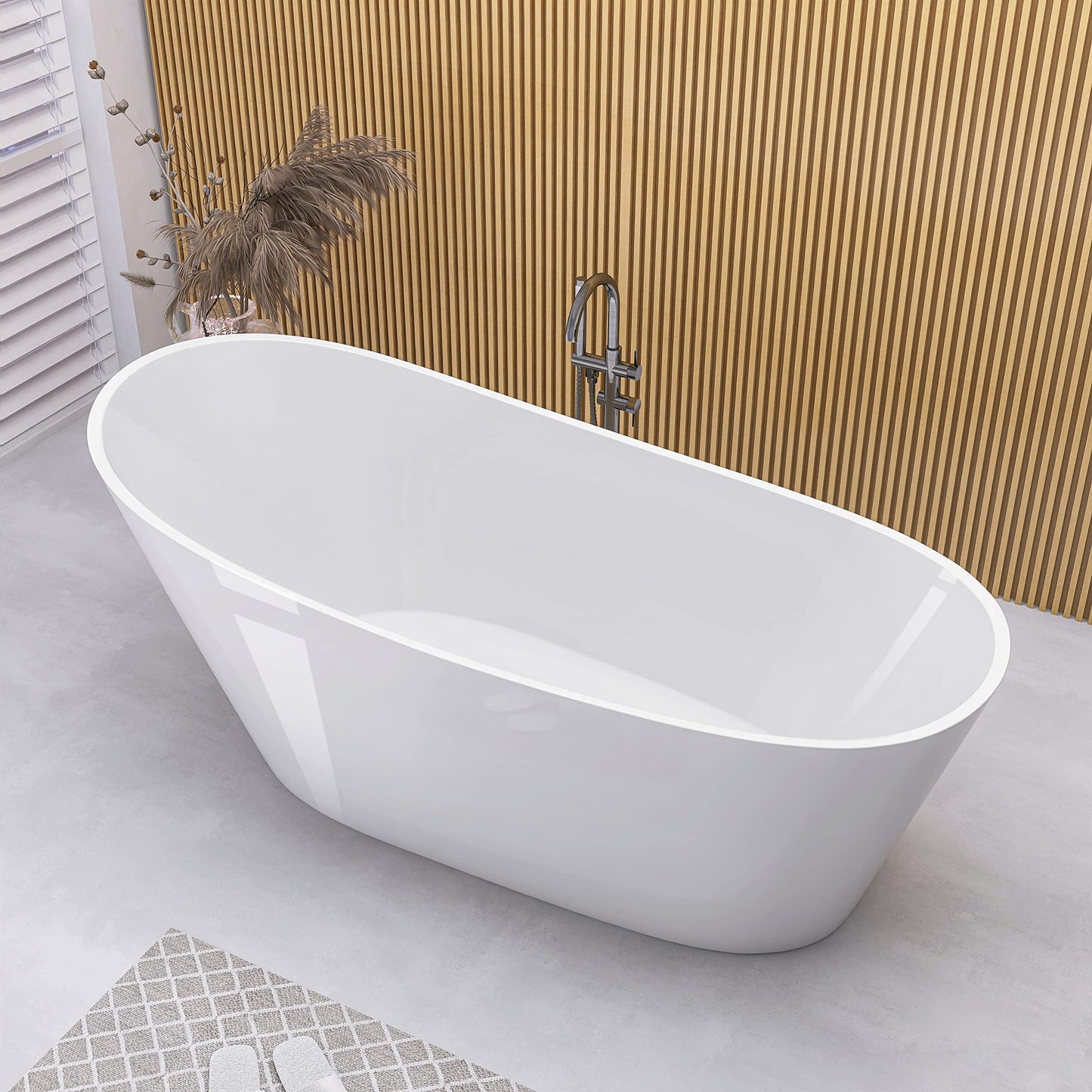 GETPRO Free Standing Tub 59" Acrylic Freestanding Bathtub, Adjustable Soaking Bath Tub Oval Shape with Integrated Slotted Overflow and Chrome Anti-clogging Drain Glossy White