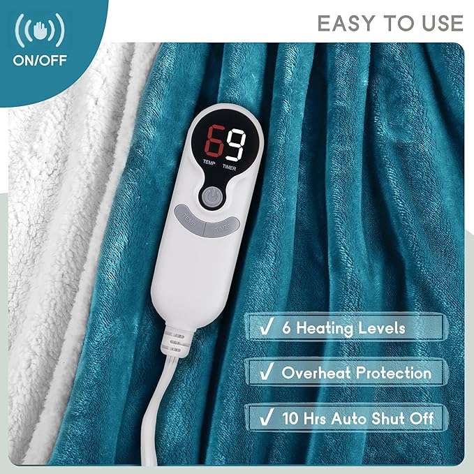 Heated Blanket Electric Blanket Full Size 72''x84'' with 9 Heating Levels, 1-10 Hour Auto Shut Off, Machine Washable, Flannel & Sherpa Soft Warming Blanket for Couch, Bed, Office - Dark Green