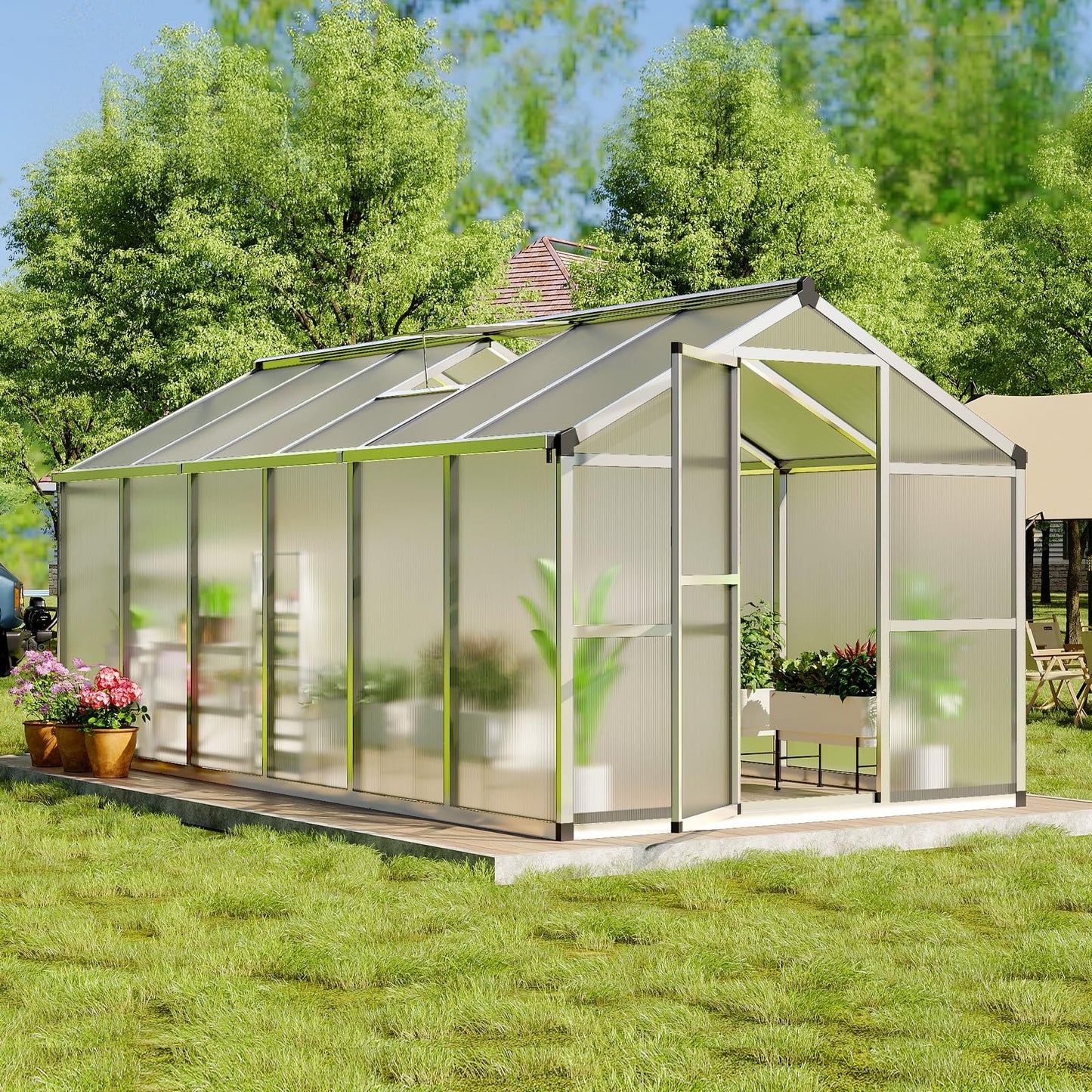 GarveeHome 8X12 FT Greenhouse for Outdoors, Walk-in Greenhouse Kit with Aluminum Frame, Polycarbonate Panels, Adjustable Roof Vent, Sliding Door, Secure Lock for Outside Garden, Patio, Backyard