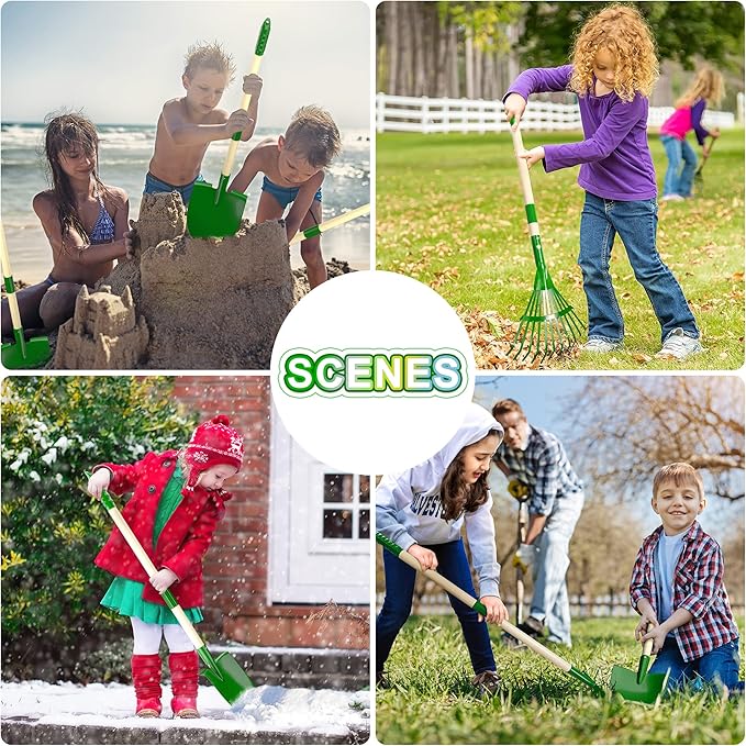 Duckura Kids Gardening Tools Set - 7pcs Wheelbarrow Set for Kids with Shovel, Rake, Leaf Rake, Summer Outdoor Yard Digging Weed Birthday Gifts Toys, Easter for Boys Girls Age 2 3+ Years(Green)