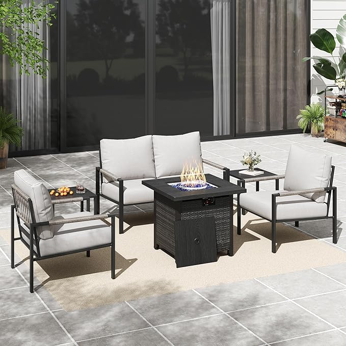 PATIOCHIC 6 Pieces Rattan Outdoor Furniture Set, All-Weather Patio Conversation Set with Warm Grey Cushions, Coffee Table and 28" Fire Pit Table for Garden, Backyard, Balcony, Poolside