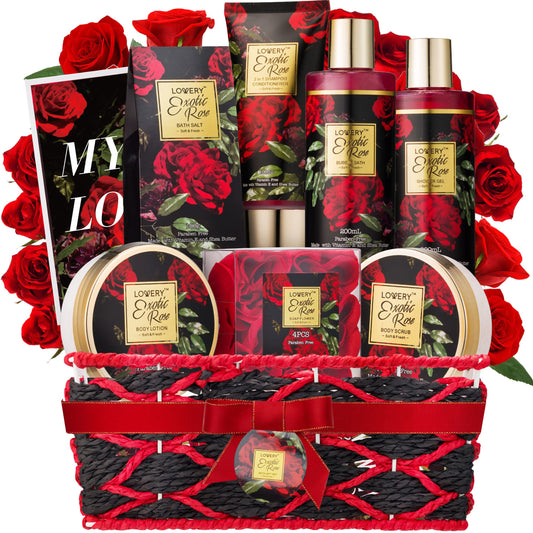 Anniversary Gifts for Women - Exotic Rose Gift Basket for Women, Spa Bath and Body Gift Set, Mom Gifts for Her, Birthday Gift with Body Scrub, Bubble Bath, Lotion & More