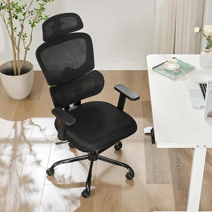 BOWTHY Ergonomic Office Chair,Home Mesh Office Desk Chairs,High Back Office Chair 330 LBS,Swivel Computer Task Chair with 2D Armrest,Lumbar Support,Adjustable Headrest,Rocking Function (Black)
