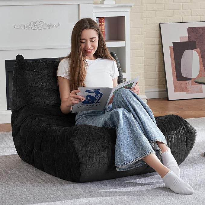 HABUTWAY Bean Bag Chair, Giant Bean Bag Chairs for Adults, Bean Bag Sofa with Filler Faux Fur, Memory Foam Bean Bag Couches Fireside Lazy Sofa for Living Room, Bedroom, Office (Black)