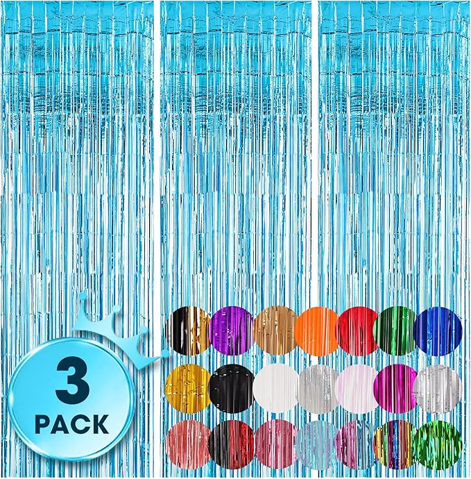 Voircoloria 3 Pack 3.3x8.2 Feet Light Blue Foil Fringe Backdrop Curtains, Tinsel Streamers Birthday Party Decorations, Fri...