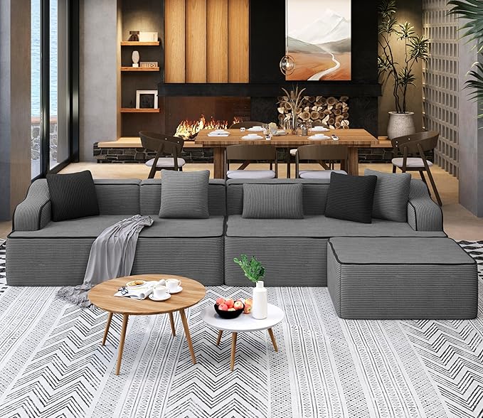 SUNSHINE VALLEY L Shaped Boneless Modular Cloud Couch, 133.5'' Oversized Corduroy Sectional Sofa for Living Room, 5-Seat Upholstered Modern Couch with Deep Seat, No Assembly Required, Grey